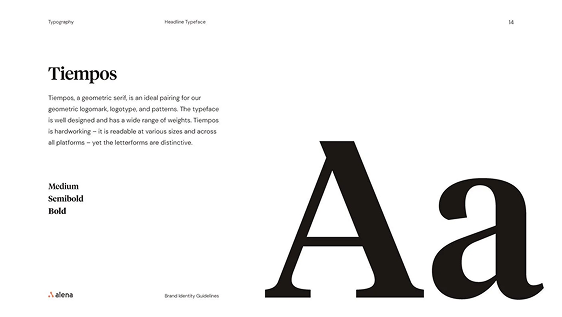 alena brand guidelines — Tiempos headline typeface, weights, and large A/a specimen