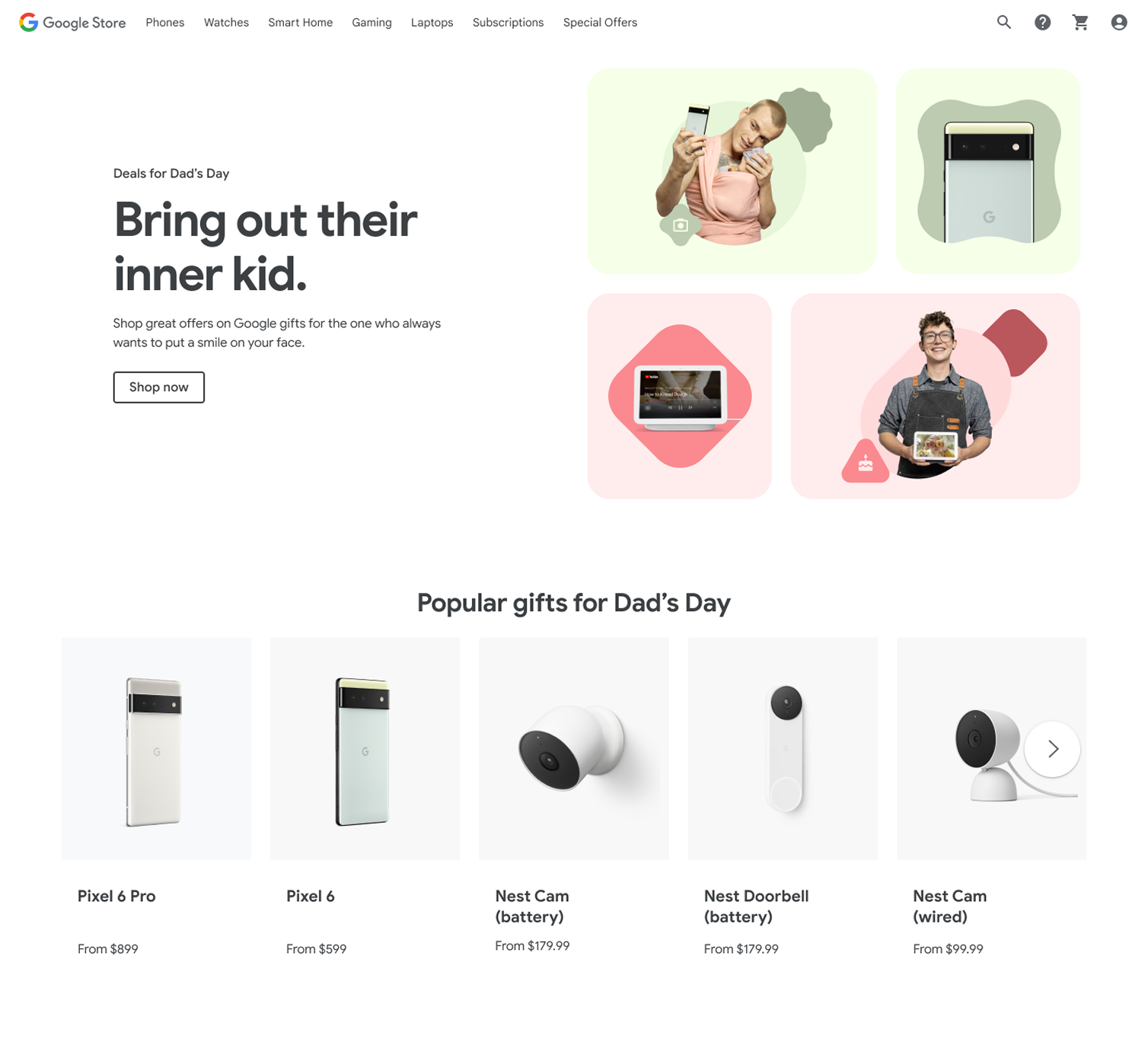 Google Store — Deals for Dad's Day landing page: hero “Bring out their inner kid” with Pixel and Nest imagery, and Popular gifts carousel with product cards and pricing