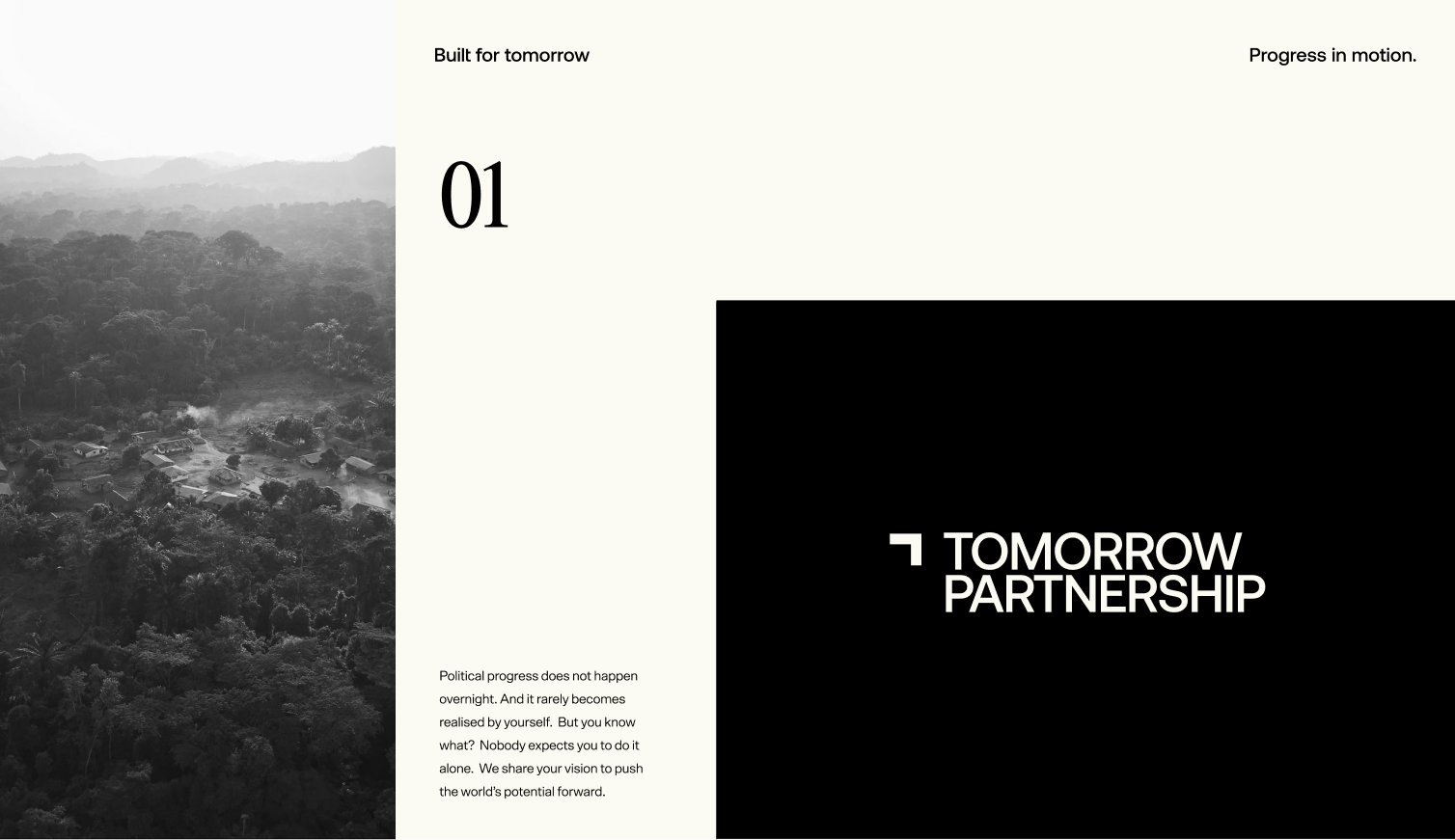 Built for tomorrow — three-column layout: aerial landscape, large 01 with body copy, and Tomorrow Partnership lockup on black