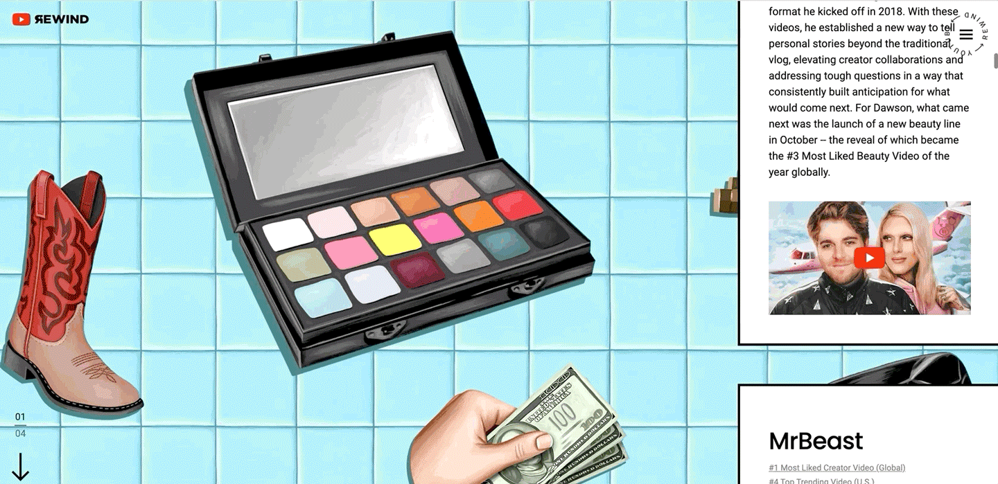 YouTube Rewind — illustrated scene on blue tile grid with Conspiracy-style makeup palette, cowboy boot, and animated hand with cash; sidebar with creator story copy, Shane Dawson and Jeffree Star thumbnail, and MrBeast panel; subtle motion