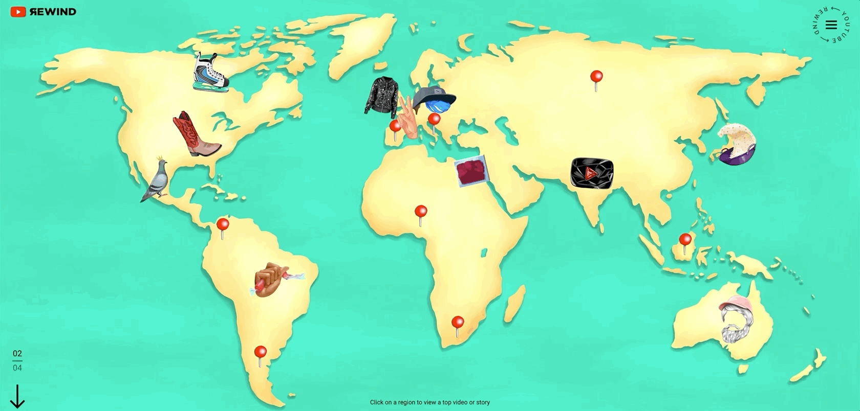 YouTube Rewind — interactive world map on teal: beige continents with pulsing pins and regional trend icons; Rewind header, 02 of 04 indicator, and prompt to click a region for top videos; animated