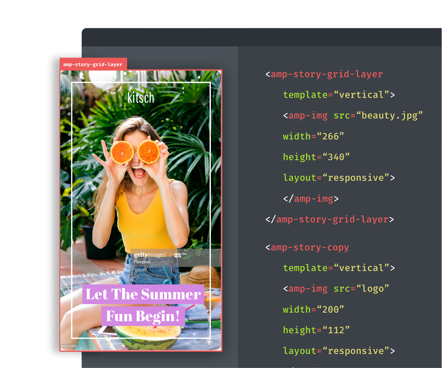 Web Stories / AMP — split view: mobile story preview with kitsch headline and summer photo, amp-story-grid-layer outline, and dark code panel with amp-story-grid-layer and amp-img markup