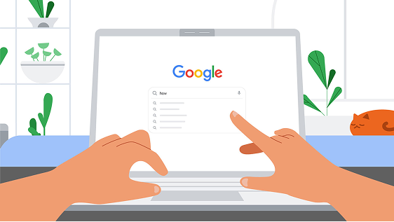Flat illustration — first-person view of hands at a laptop showing the Google homepage with how typed in the search bar and suggestions; plants, shelving, and sleeping orange cat in the background
