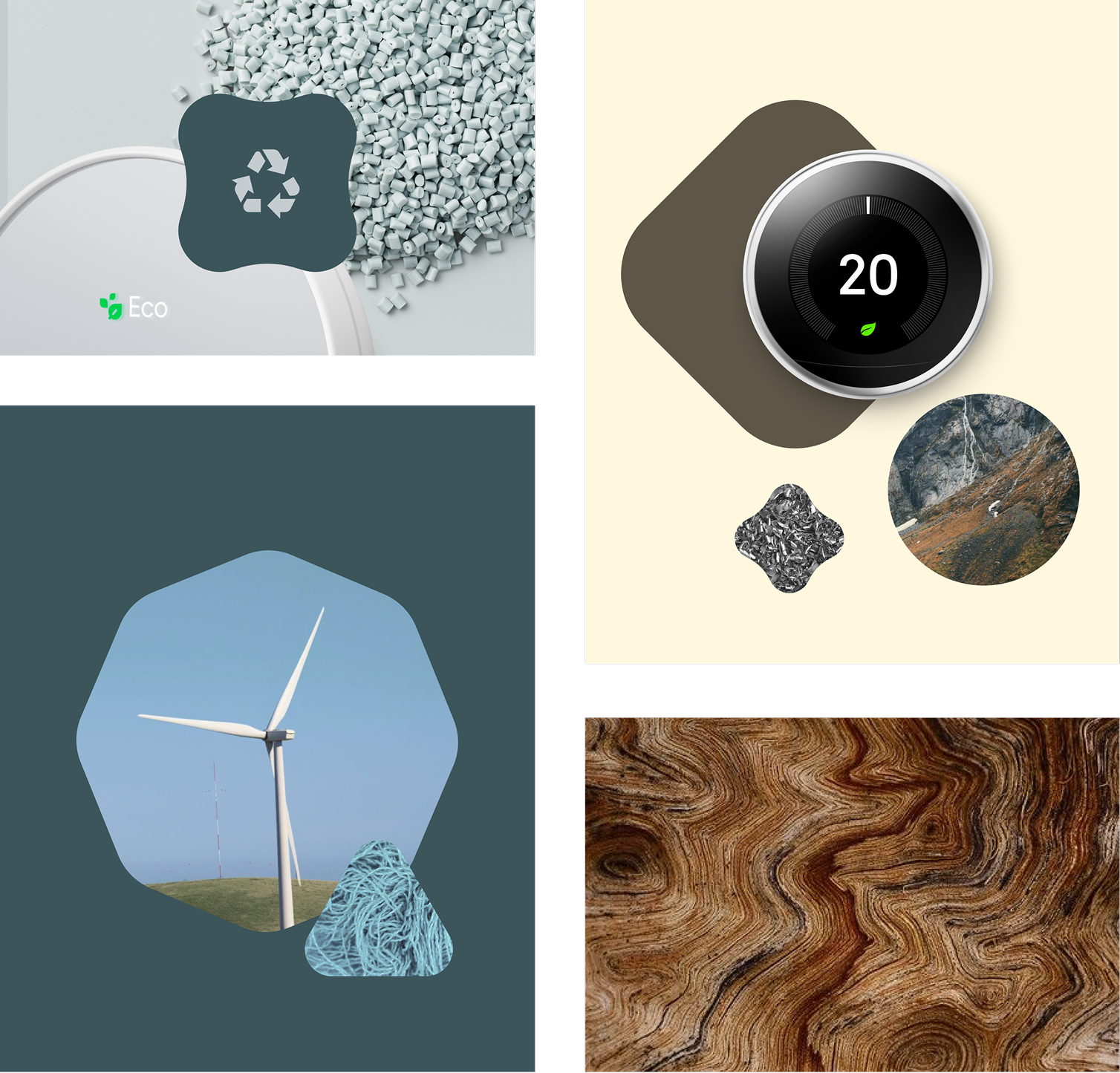 Sustainability collage — four panels: Eco recycling with pellets and device, Nest thermostat on cream with mountain inset, wind turbine in octagon on teal, and wood grain texture