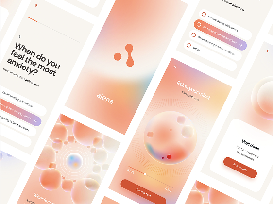 alena — mobile app screens: splash, anxiety questionnaire, guided relaxation with sphere, completion, and abstract bubble layouts
