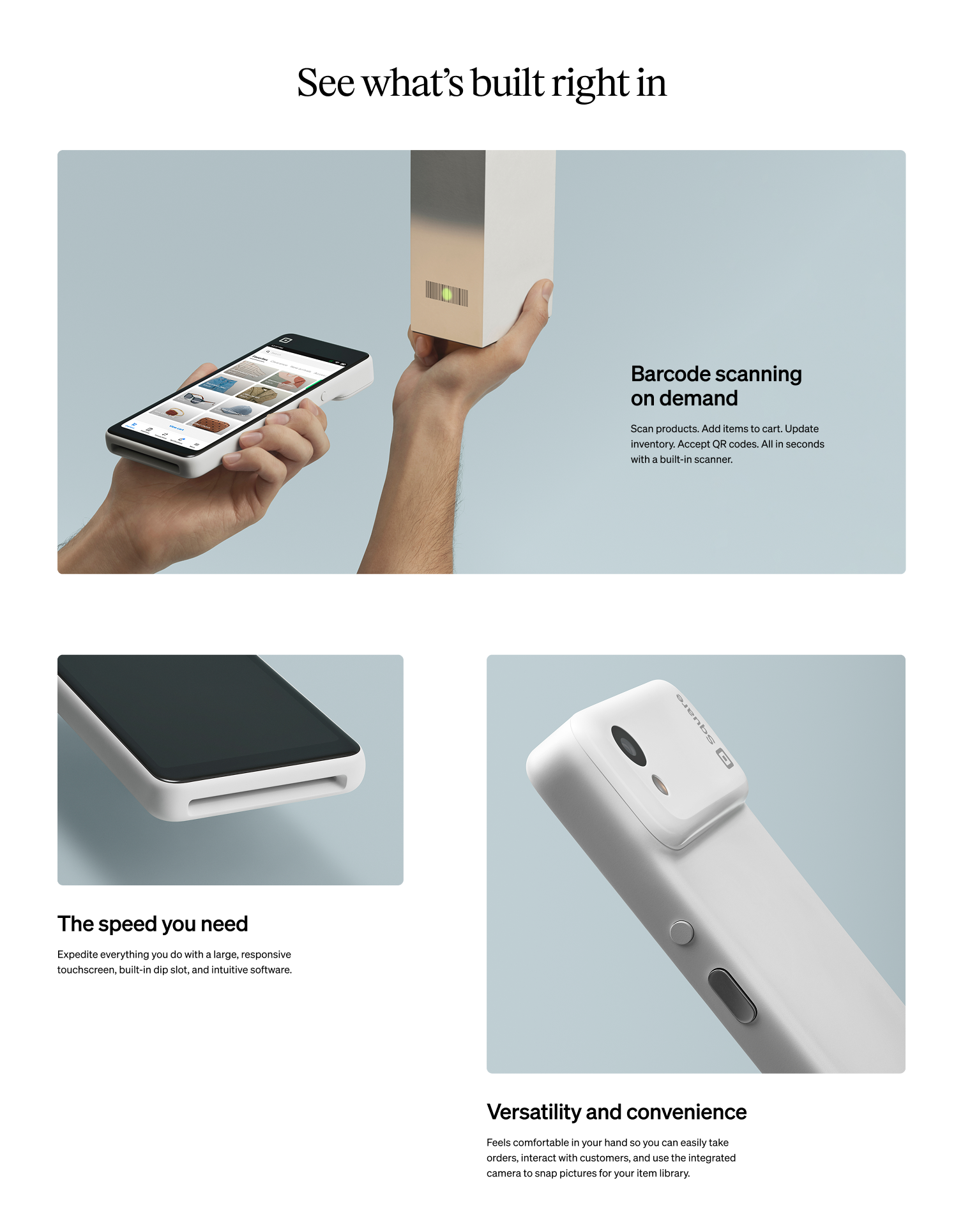 Square Handheld marketing graphic: built-in barcode scanning, dip slot, and camera