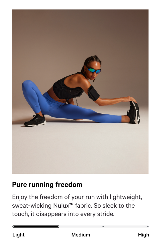 Pure running freedom — Nulux fabric copy with light support scale; runner in blue leggings and sunglasses