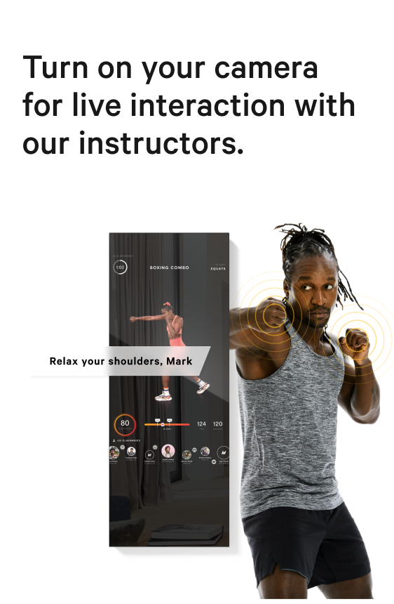 Turn on your camera — live interaction with instructors; Mirror boxing workout UI beside a member with motion-tracking overlays
