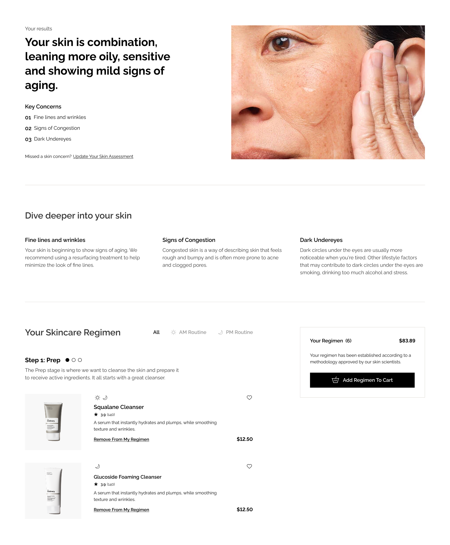 The Ordinary — Your results and skincare regimen: combination skin summary, dive deeper columns, Step 1 Prep products, and Your Regimen cart summary with Add Regimen To Cart