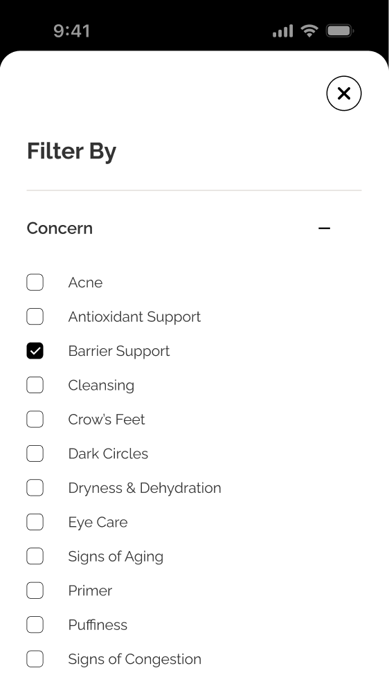 The Ordinary mobile Filter By overlay — Concern checklist with Barrier Support selected and close control