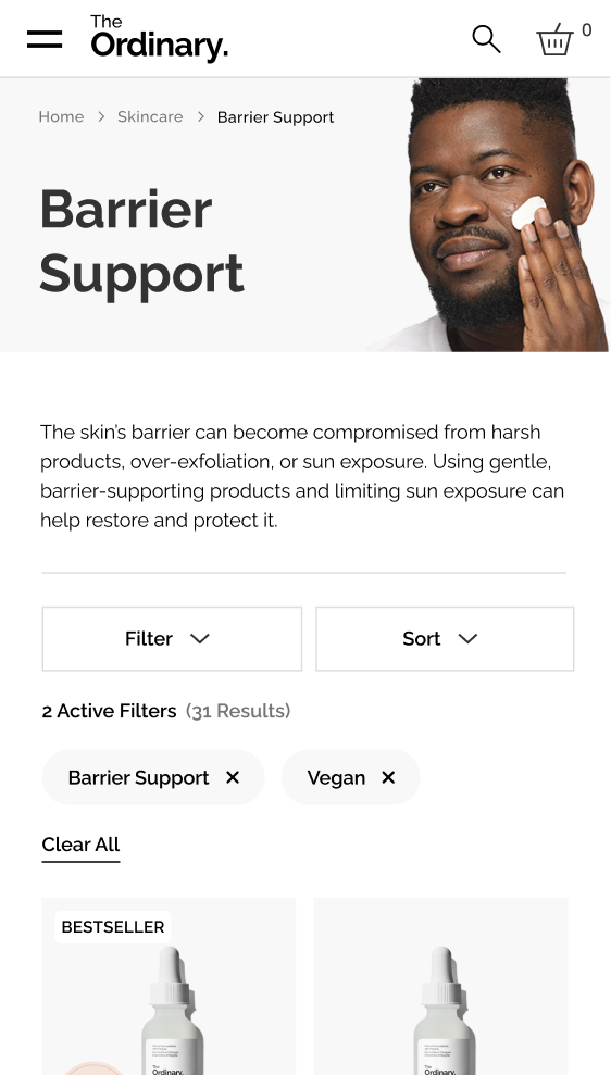 The Ordinary mobile Barrier Support category page — hero, description, Filter and Sort, active filter pills, and product grid
