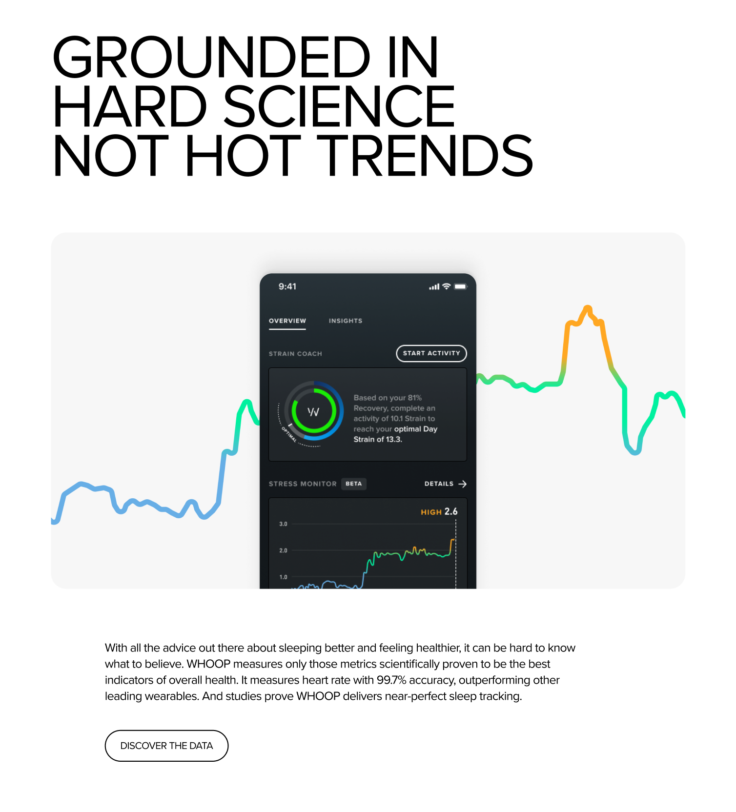 WHOOP science and metrics messaging with app UI